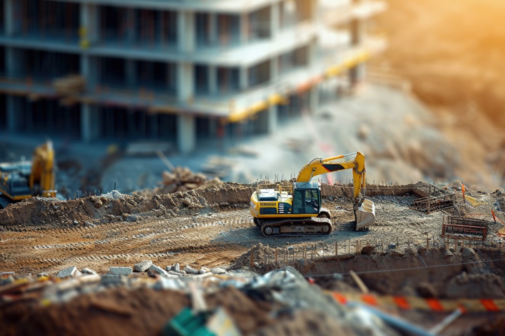 Heavy construction equipment at an industrial project site
