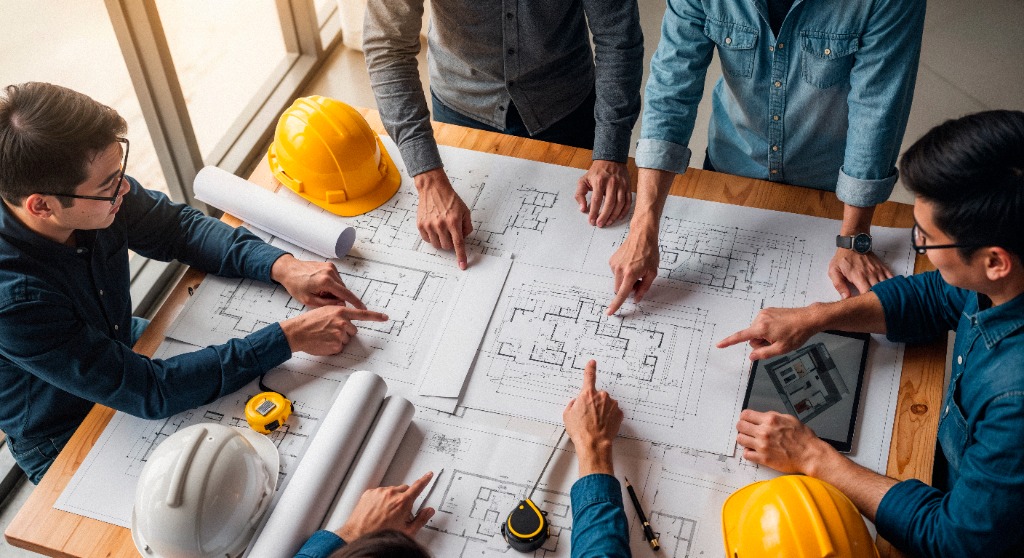 Project management team planning infrastructure development