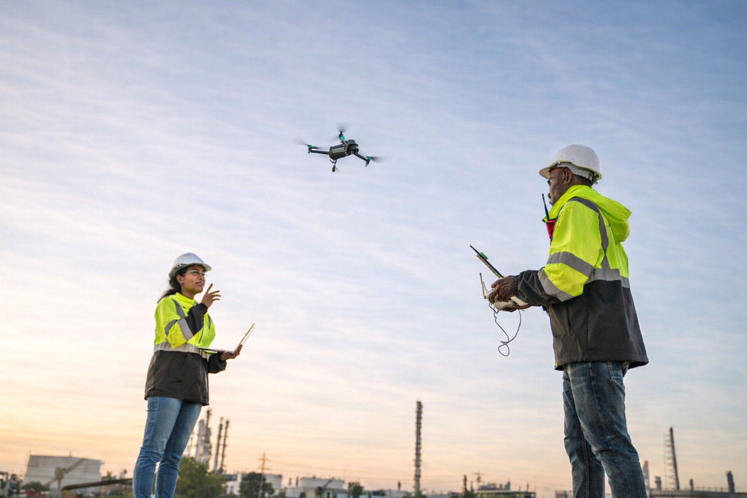 Survey drone in flight over construction site